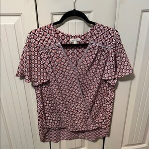 Max Studio Red and White Flutter Sleeve Wrap Blouse